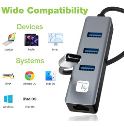 Karta sieciowa/adapter USB-C na RJ45 Gigabit, hub 3x USB-A