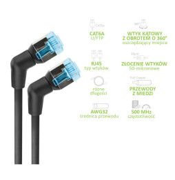 Patchcord Cat6a U/FTP 100% miedź obrotowy kątowy slim