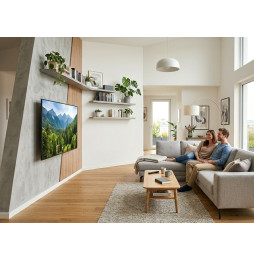 Telewizor zainstalowany w salonie na uchwycie ściennym