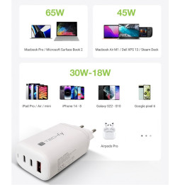 Ładowarka Techly 65 W USB-C PD - kompatybilność z laptopami, tabletami i smartfonami oraz podział mocy portów
