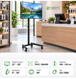 Stojak na telewizor Techly ICA-TR60 w scenerii sklepowej, parametry stojaka.