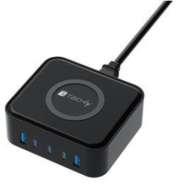 Stacja ładująca Techly I-CHARGE-WR65AC GaN 65 W – widok portów 3× USB-C, 2× USB-A i powierzchni ładowania Qi