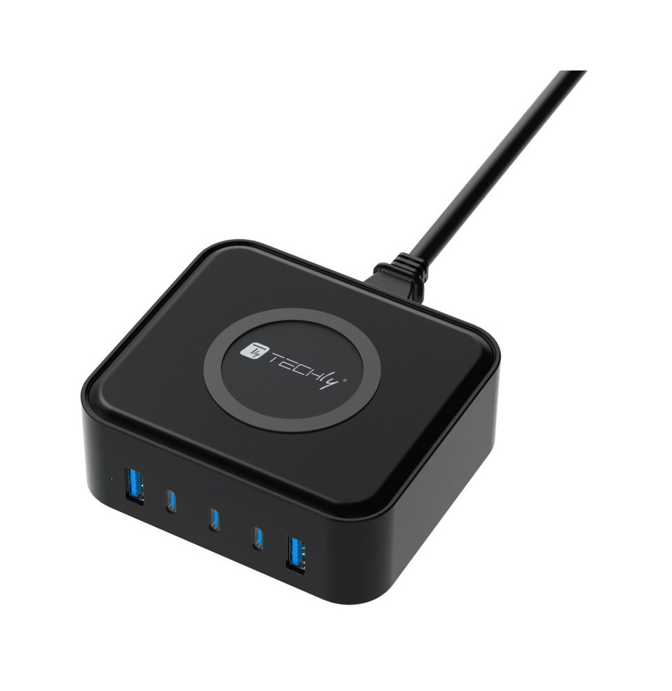 Stacja ładująca Techly I-CHARGE-WR65AC GaN 65 W – widok portów 3× USB-C, 2× USB-A i powierzchni ładowania Qi