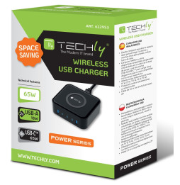 Opakowanie stacji ładującej Techly I-CHARGE-WR65AC 65 W z oznaczeniami portów USB-C i USB-A