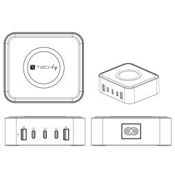 Rysunek techniczny stacji Techly I-CHARGE-WR65AC – rozmieszczenie portów USB, gniazda zasilania i ładowarki Qi