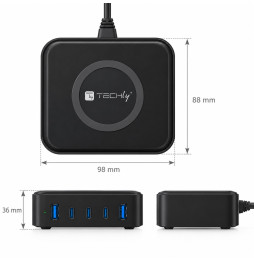 Wymiary stacji ładującej Techly I-CHARGE-WR65AC: szerokość 98 mm, głębokość 88 mm, wysokość 36 mm