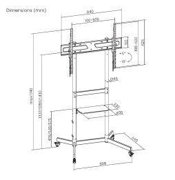 Rysunek wymiarowy stojaka Techly ICA-TR044 – wysokość mocowania TV 1337/1384/1430 mm i nachylenie +5° do −10°
