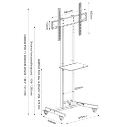 Rysunek wymiarowy stojaka Techly ICA-TR80 – wysokość mocowania TV 1138–1298 mm i półki AV 518–678 mm
