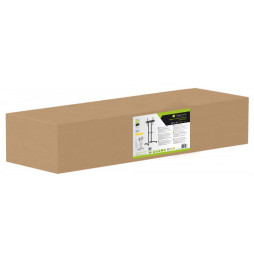 Opakowanie mobilnego stojaka TV Techly ICA-TR80 32–75″ z etykietą produktu i schematem konstrukcji