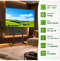 Techly ICA-TR044 w kinie domowym – specyfikacja stojaka TV 55–100″ do 70 kg z regulacją wysokości i półką AV