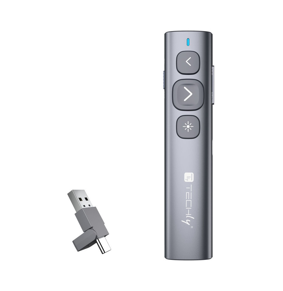 Prezenter bezprzewodowy Techly ITC-LASER95PR z przyciskami sterowania prezentacją i odbiornikiem USB-A/USB-C