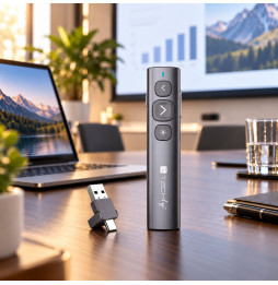 Pilot do prezentacji Techly ITC-LASER95PR z odbiornikiem USB-A/USB-C na stole w sali konferencyjnej