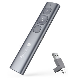 Techly ITC-LASER95PR – ukośny widok prezentera z przyciskami nawigacji, portem ładowania USB-C i odbiornikiem