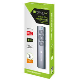 Opakowanie prezentera Techly ITC-LASER95PR z oznaczeniami czerwonego lasera, akumulatora i odbiornika USB-A/USB-C