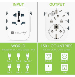 Techly Adapter podróżny wtyków zasilania EU/UK/USA ładowarka 3x USB