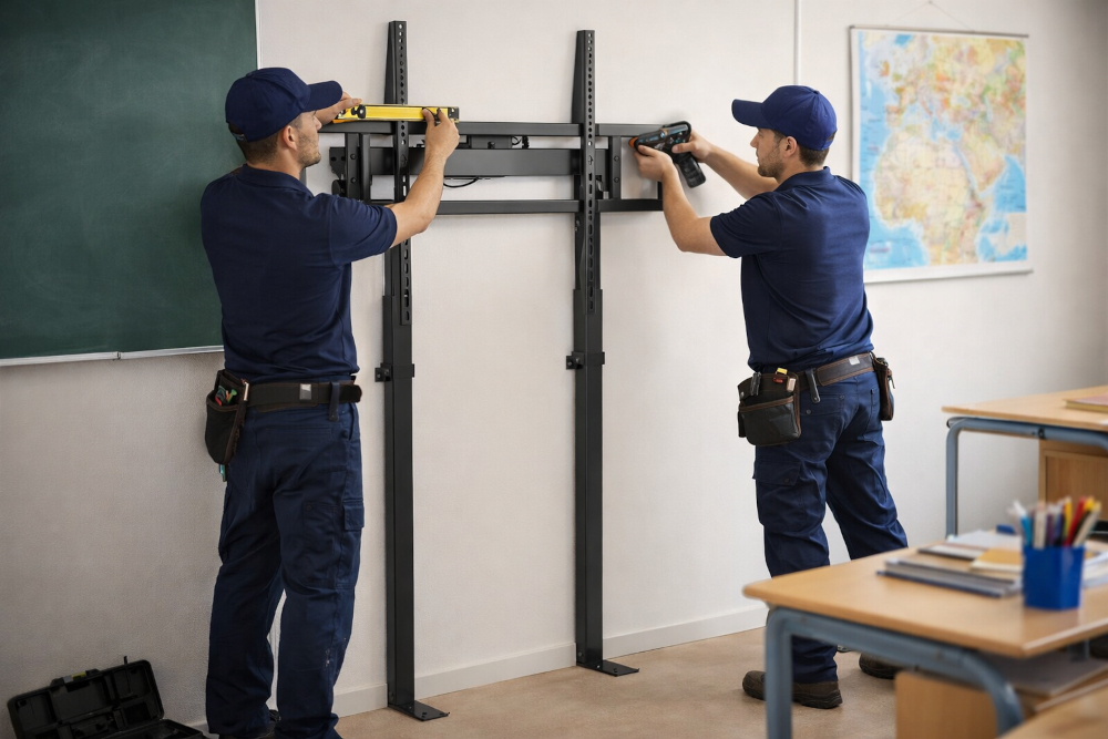 Instalacja uchwytu ścienno-podłogowego pod ekran wielkoformatowy na ścianie karton-gips