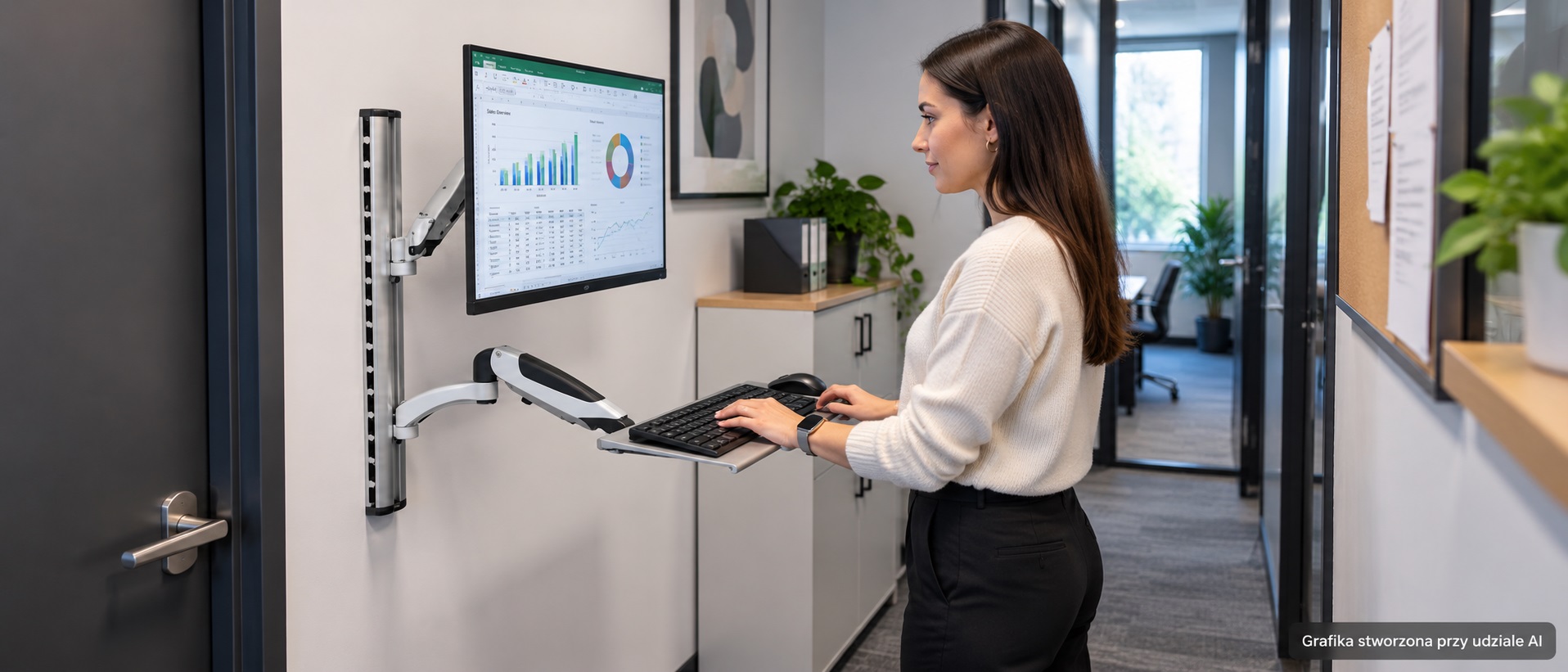 Instalacja ściennego uchwytu do monitora z półką na klawiaturę w warunkach biurowych